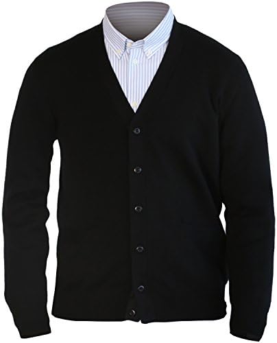 Mens 100% Merino Wool Cardigan Sweater Black Knitted Classic Fit Button UP