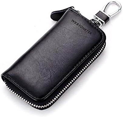 Unisex Mens Womens Premium Leather Car Key Holder Bag Keychain Case Wallet with 6 Hooks Zipper Closure