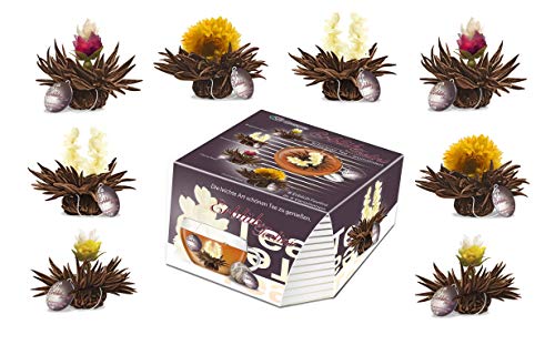 Creano Teeblumen Variation im exklusiven Tassenformat Erblühteelini als Probierset - 8 Teeblüten in 4 verschiedenen Sorten (Schwarzer Tee)
