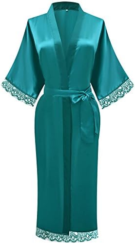 Women's Sexy Long Kimono Robe Lingerie Sleepwear - Lace Trim Teal S