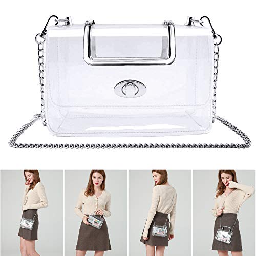 MOETYANG Womens Transparent Clutch Clear Purse Crossbody Shoulder Bags with Removable Silver Chain Strap NFL&PGA Stadium Approved Bags ...