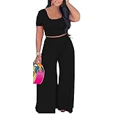 HBQ Two Piece Outfits For Women Casual Sweat Suits Backless Short Sleeve Crop Tops Wide Leg Pants Lounge Sets Tracksuit