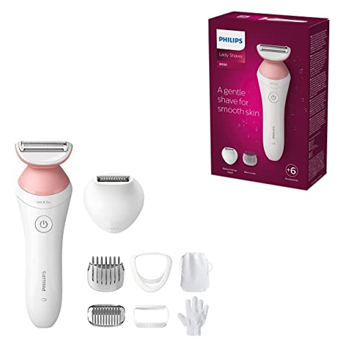 Philips Afeitadora de Mujer Serie 6000, 6 accesorios, Incluye Perfilador Bikini, Guante Exfoliante, Peine Guia y Cepillo de Limpieza, BRP146/00, Blanco