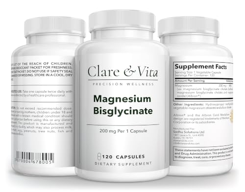 Clare&Vita Magnesium Bisglycinate 200mg – High Absorption Albion TRAACS Chelate, 120 Vegetable Capsules – Non-GMO, Vegan, Made in USA – Muscle, Nerve & Sleep Support at Amazon