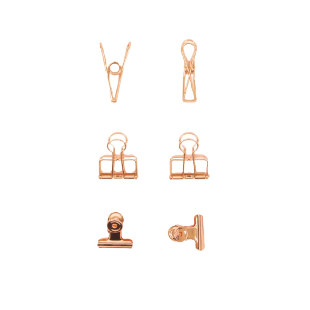 Craftelier - Set of 6 Metal Clips with 3 Sizes and 3 Different Designs | Hold for Scrapbooking and Crafts | Dimensions Approx. 1 x 5.5 cm, 3 x 4 cm, 3 x 3 cm – Rose Gold — image 1