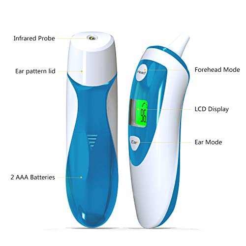Forehead and Ear Thermometer for Fever, Digital Infrared Temporal Thermometer with Fever Alarm