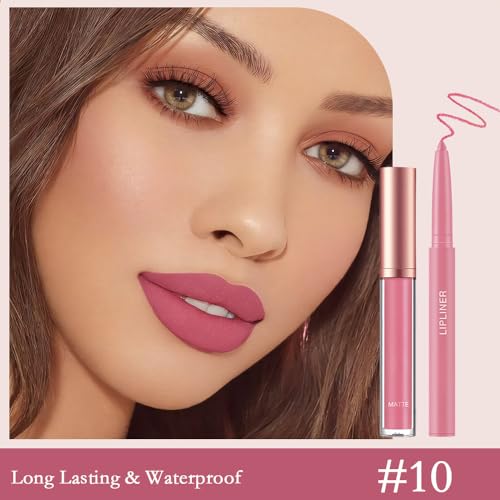 2PCS NUDE COLOR MATTE LIQUID LIPSTICK AND LIP LINER PENCIL SETS, HIGH PIGMENTED RETRACTABLE LIPLINER FOR DAILY MAKEUP, WOMEN LONG LASTING SMUDGE PROOF LIPSTICK AND LIP LINERS COMBO PENCIL