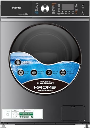 Krome Front Loading Washer Dryer Machine, 9 Kg Washing, 6Kg Drying, 1400 RPM, 16 Program, Variable Temp, Foam Sensing & Removal, BLDC Motor, Auto Restart & Balance, Load Detect, Child Lock -KR-WD96STI