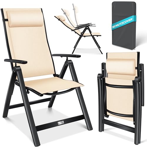 KESSER® Gartenstuhl Hochlehner mit Armlehnen Aluminium Klappstuhl mit Kopfkissen & Abdeckung Campingstuhl 7-Fach Verstellbar Rückenlehne Atmungsaktiv