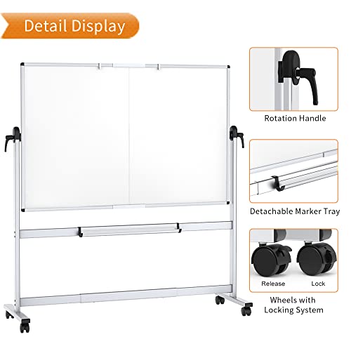 VIZ-PRO Double-Sided Mobile Whiteboard, 72 x 48 Inches, Magnetic Rolling Dry Erase White Board on Wheels with Aluminium Frame and Stand
