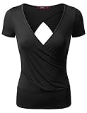 Doublju Women Short Sleeve Deep V Neck Trendy Open Back Wrap T shirt