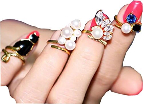 Angel Dream Retro Adjustable 4 Pcs Finger Nail Rings for Women Pearl Cat Diamond Flower Fingernail Ring