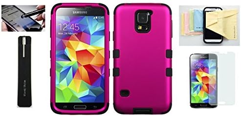 [Pink Black] Samsun Galaxy S5 Phone Protective [Heavy Duty] Armor Hybrid Two Layer Cover Travel Case with Momiji® [Screen Guard] Protector, Stylus Pen, Cleaning Cloth for [Galaxy S5]