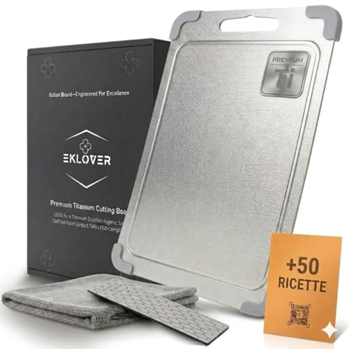 EKLOVER 100% Pure Titanium Chopping Board 35 x 25 cm - Complete Set with Diamond Sharpener, Cloth, 50 Recipes and Gift Box - Non-Slip, Drip and Rice Wheat Finish