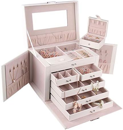 Rowling Jewelry Box, PU Leather, Accessory Case, Large Volume, Mirror Included, Ring, Necklace Storage, whites