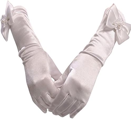 Lymnshi Flower Girl's Lace Bowknot Net Voile Wedding Gloves Princess Glove (Girls Age 4-7) M White