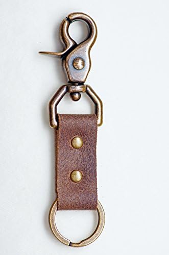 Genuine Leather Key Chain Ring Fob, Solid Brass Hardware Swivel Clasp Attaches to Belt Loops, 1 1/4" wide and 4 3/4" long overall, Distressed Brown Leather Gift for Men, Made in the USA