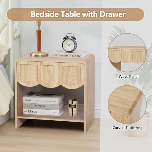 Night Stand Set of 2, Mid Century Modern Farmhouse Wood Nightstand with Wave Panel Drawer, Bed Side End Table for Small Space, Living Room - Natural