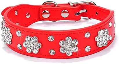 Didog - Cute PU Leather Dog Collar - Rhinestone Flower Pattern Studded - 1 Inch Width Fit Small and Medium Dogs,Red 12-15"