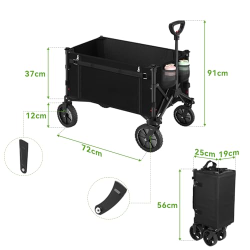 SAFONUS Carrito Plegable con Ruedas Giratorias y Puerta Lateral - Portátil para Carga Extra Larga hasta 150 Kg, Plegado Fácil por Mujeres Adultas, Transporte de Mercancías, Niños y Mascotas (Negro)