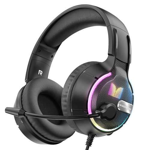 Monster Mission 320 Gaming Headset for PS5, PS4PC, Xbox One, Xbox Series X/S, Switch,Noise Cancelling Over Ear Headphones with Mic, LED Light, 7.1 Surround Sound