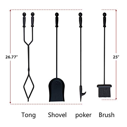 5 Pieces Wrought Iron Fireplace Tools Set Firepit Fireset with Handles, with Poker, Tongs, Shovel, Brush, Sturdy Center Stand - Thumbnail 5