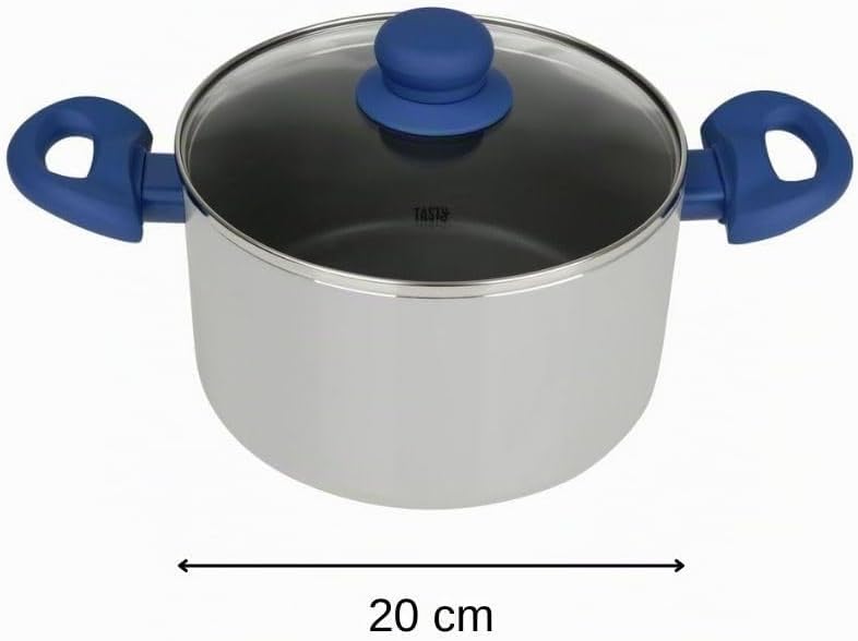 678539 Casserole 20 cm avec Couvercle, Antiadhésif Greblon®, Faitout Tous Feux Dont Induction, Four Jusque 130°C, Système Dosage d'Huile, Lave-Vaisselle, Aluminium Pressé, Verre, Gris, Bleu