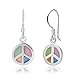 925 Sterling Silver Multi-Colored Mother of Pearl Shell Peace Sign Round Dangle Hook Earrings