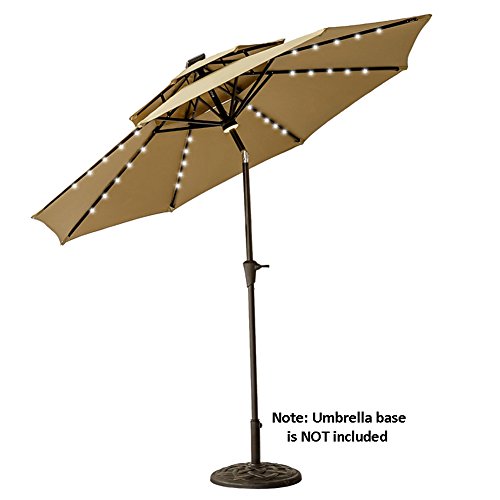 FLAME&SHADE 9 ft Double Top Solar Powered Outdoor Market Patio Table Umbrella with LED Lights and Tilt, Beige