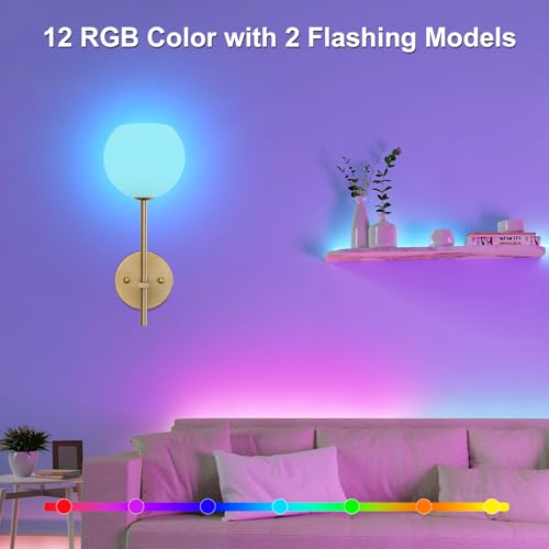 Juego de 2 Apliques de Pared LED Inalámbricos Dorados, Lámparas de Pared Recargables a Batería con Vidrio Esmerilado Blanco Opal, 12 RGB y 3 CCT Regulables, Control Remoto para Dormitorio y Salón