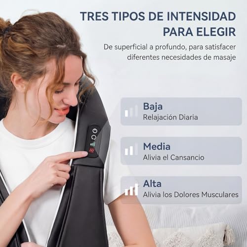Masajeador Cervical y Espalda con Calor, Masajeador Cervical Shiatsu 16 Cabezales 3D, 3 Modos Masaje Profundo Rotación y Masaje de Amasamiento Shiatsu Intensidad Ajustable, Regalo para Oficina y Hogar