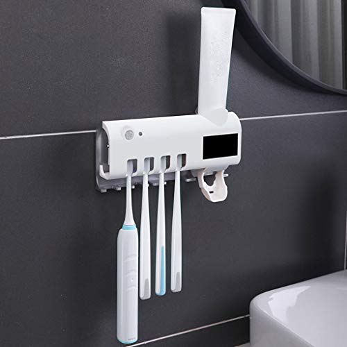 LANGMAN Toothbrush Sterilizer, UV Toothbrush Sterilizer Holder,Rechargeable Solar Power Wall Mounted Toothbrush Organizer with Automatic Toothpaste Dispenser (White)