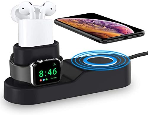 AUDON 4 in 1 Stand Dock Charger for Apple Watch iWatch Series 4/3/2/1, Charging Station for Airpods, Qi Fast Wireless Charger for iPhone XS Max/XS/X/Xr/8/8 Plus and Other Qi-Enabled Devices(Black)
