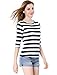 Allegra K Women's Elbow Sleeves Top Round Neck Slim Fit Tee Casual Printed T-Shirt X-Large White Dark Blue