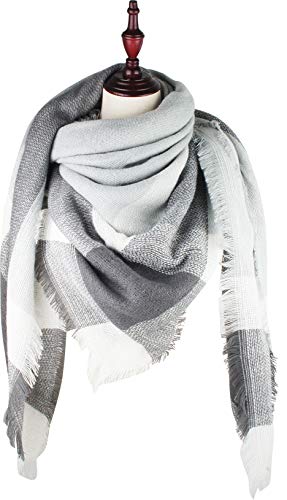 VIVIAN & VINCENT Women's Plaid Blanket Winter Scarf Warm Wrap Oversized Shawl Cape Grey White - Thumbnail 4