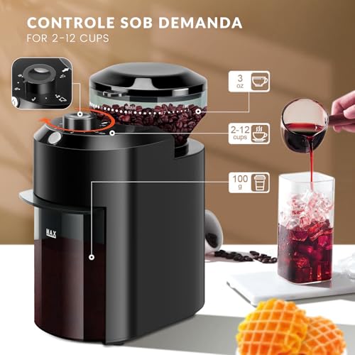 Moedor de Café Elétrico Burr 220V, Com 28 Configurações Ajustáveis, Triturador de Cafe, 2 A 12 Xícaras, Preto