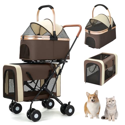 Beauenty Double Pet Stroller for Dogs and Cats, Lightweight Folding Pet Dog Stroller for Small Medium Dogs Cats, 2 Detachable Carrier Bags, 4 Lockable Wheels & Safety Belts, Brown
