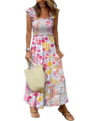 ANRABESS Womens Smocked Maxi Dress Summer Sleeveless Flowy Boho Sundress Multicolour Floral S at Amazon