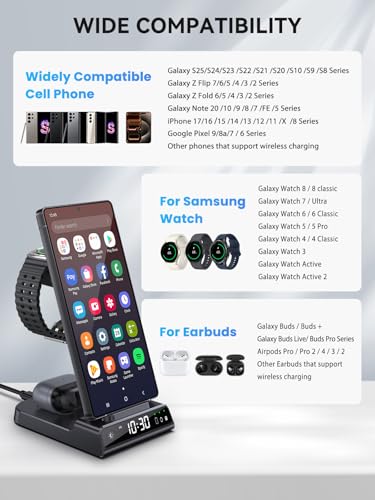 Wireless Charger for Samsung Charging Station with Clock for Samsung Galaxy S25 Ultra/S24 Ultra/Z Flip 7/Fold 6/Bud, 3 in 1 Android Charging Station, Watch Charger for Samsung Galaxy Watch 8/7/6/5Pro