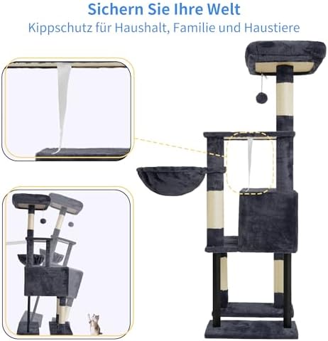 Kratzbaum, 125 cm Kleiner Katzenbaum, Geräumiges und Bequemes Kratzbaum mit Höhle, Oben Sitzstange, Sprungplattform, Kratzsäule, Korb, Stabile Metallrohre, Rauchgrau HCT200SG