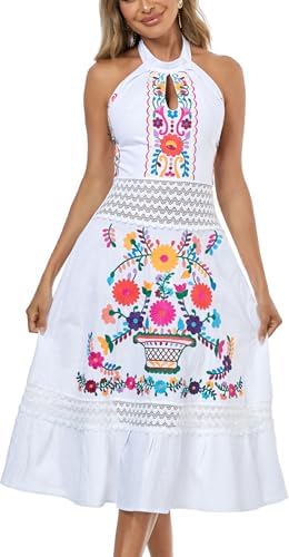 mexican embroidered halter dress Medium Peasant Halter Embroidered Mexican Dress 100% Cotton Manta