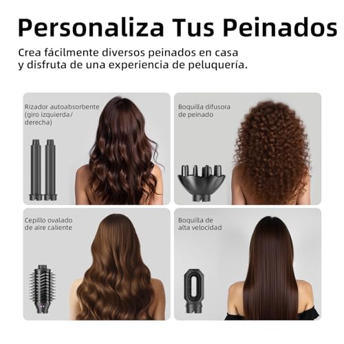 Secador de Cabello alta Velocidad 5 en 1 Kit Profesional, 120000rpm Boquillas + Cepillo + Rizador de Pelo, Tecnología Iónica Secadora de Pelo para Rizar, Voluminizar y Alisar, Oro