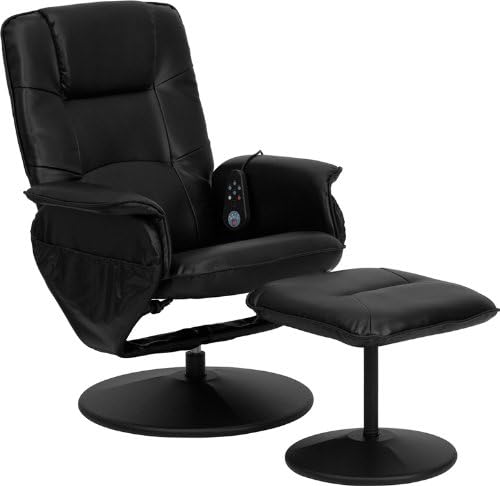 Black Leather Heated Massaging Recliner with Leather Wrapped Bases & Ottoman #753