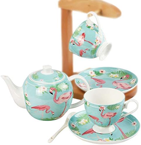 ufengke Pink Flamingo with Flowers Ceramic Coffee Tea Sets,Tea Pot,Cups,Saucer Set of 2 Afternoon Tea Set,Ceramic Gift for Wedding