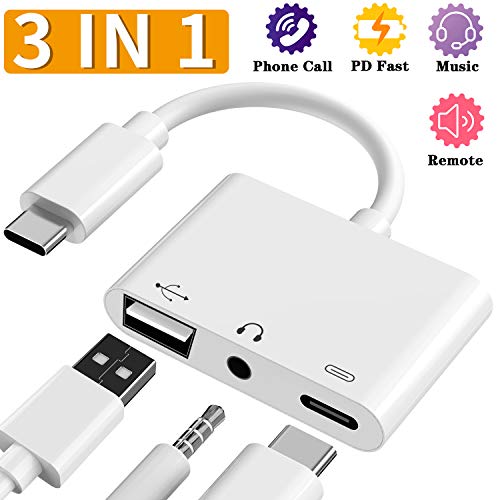 USB C Female OTG Audio Adapter, 3-in-1 Digital Camera USB Reader, 3.5mm Headphone Jack and Charging Port Splitter Adapter, Support Card Reader, Compatible with iPad Pro, Pixel 3/3 XL/2/2 XL, and More