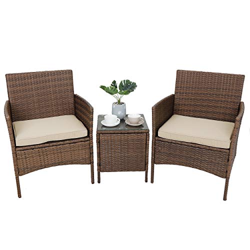 SUPER DEAL 3 Pieces All Weather Patio Conversation Furniture Set Outdoor Wicker Chairs with Tabl ...