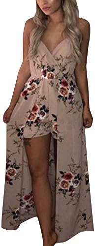 Shineya Womens Slit Bohemia Maxi Long Dress Floral Printed Boho Beach Shorts Dress Khaki XXL