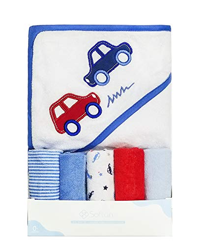 Softan Baby Hooded Towel Bath Towel and Washcloths, Extra Soft and Ultra Absorbent, 5+1 Gift Pack for Newborn and Infants, Car