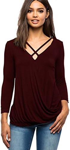 Mixmax Women Long Sleeve Cross Front Shirts Deep V Neck Surplice Wrap Tunic Tops (Wine Red, Large)