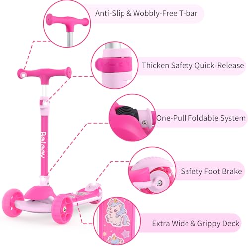 BELEEV A9 Kids Scooter with LED Light-Up Wheels & Deck, 3 Wheel Foldable Kick Scooter for Toddlers Boys Girls Ages 3-12, Adjustable Handlebar, Lean-to-Steer, Extra-Wide Wheels